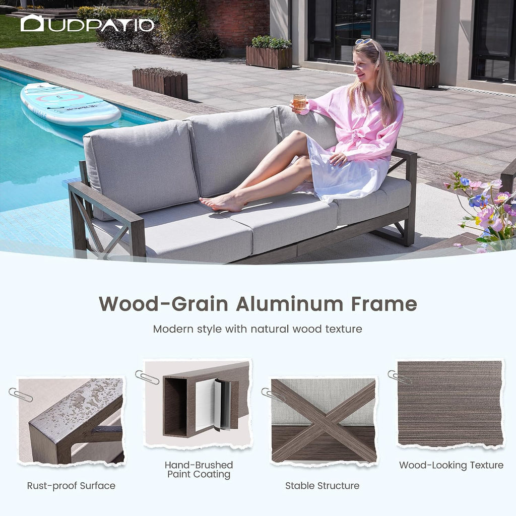 UDPATIO Aluminum Patio Furniture Set, Faux Wood Grain Modern Outdoor Furniture, 6' Cushions Metal Patio Conversation Sofa with Coffee Table for Poolside Deck, 5 PCS, Beige(Include 600D Covers)