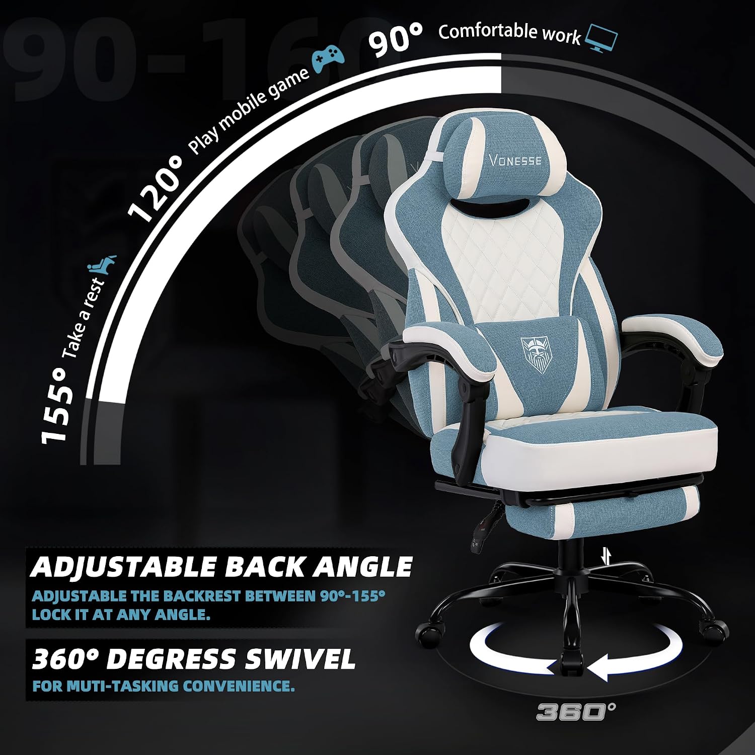 Vonesse Gaming Chair, Reclining Fabric Gaming Chairs for Adults 250LBS, Office Chair with Pocket Spring Cushion, Computer Chair with Footrest and Massage Lumbar Support (Blue)