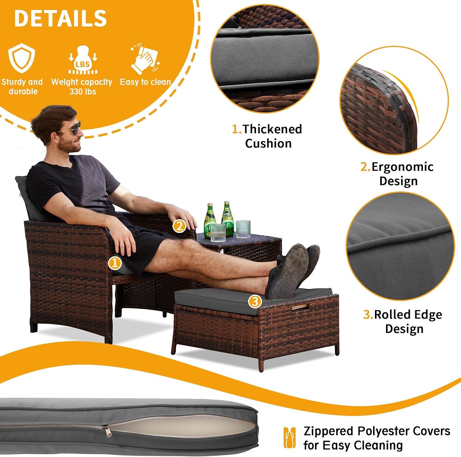 UDPATIO Balcony Furniture Patio Chairs with Ottoman, 5 Piece Wicker Patio Furniture Set with Footrest for Front Porch Small Space