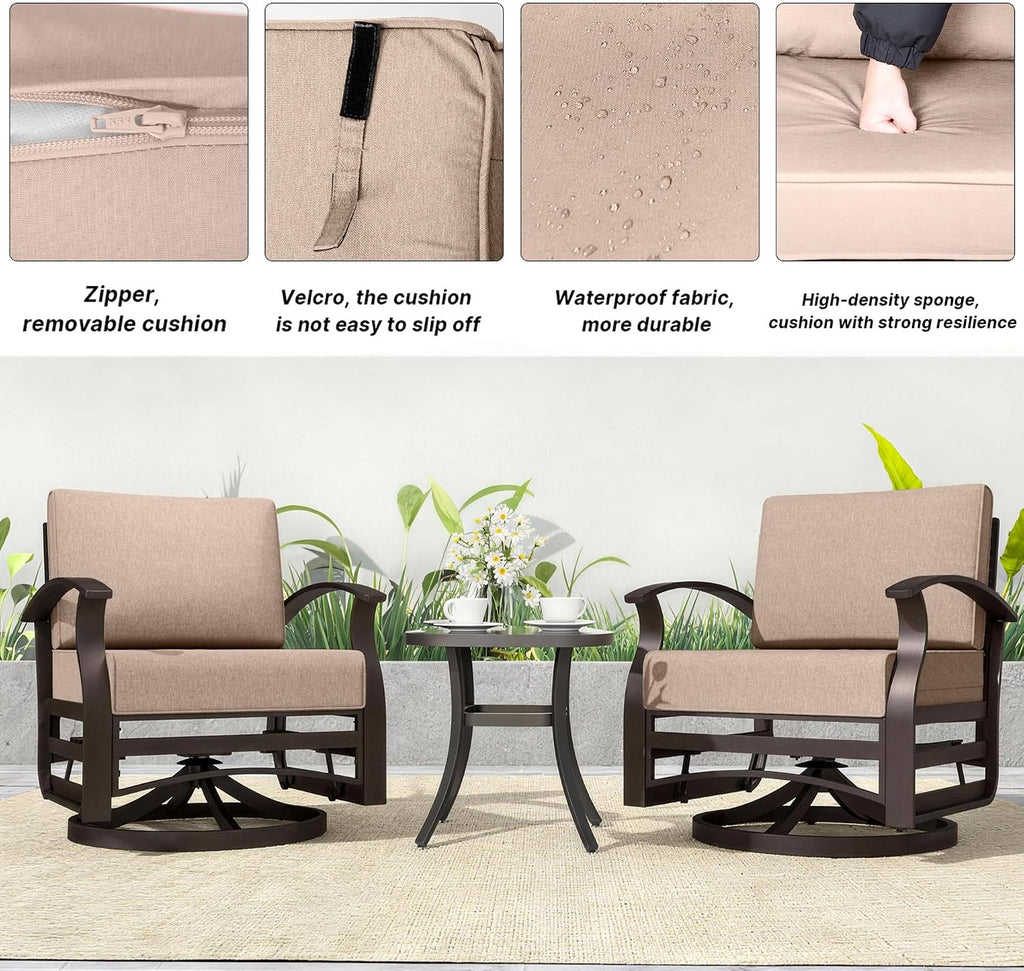Kurapika 3 Pieces Patio Furniture Set, Outdoor Aluminum Swivel Gliders Rocker, Patio Bistro Set Rocking Chair with Thickened Cushions and Side Table for Porch Garden Deck (Sand)