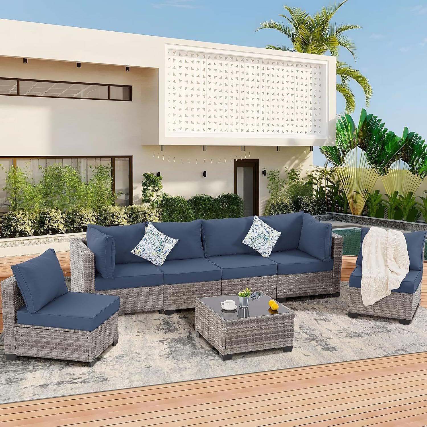 FHFO 7 Piece Outdoor Wicker Patio Furniture Set, Rattan Sectional Sofa Couch, Patio Conversation Set with Cushion & Coffee Table, for Backyard Poolside Porch Garden, Grey/Blue