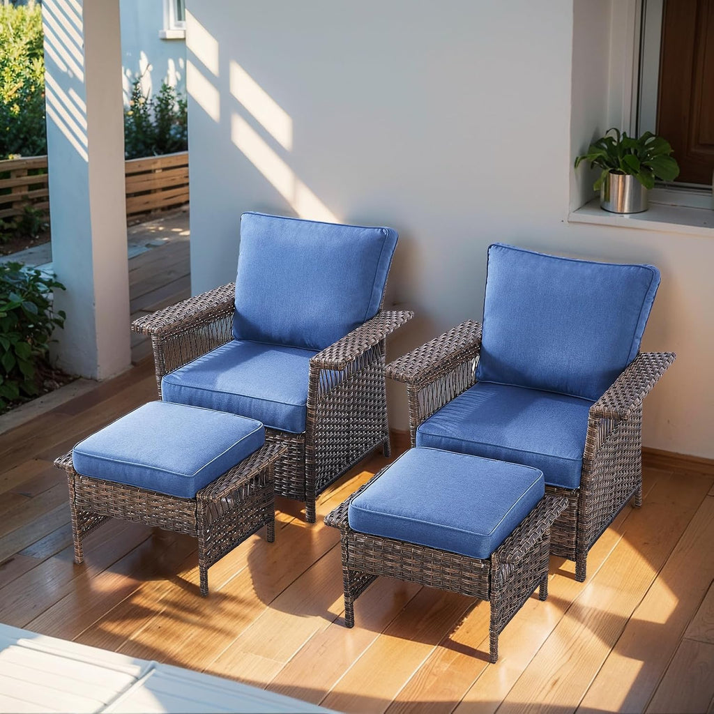 Patio Furniture Set 2 Wicker Patio Chairs with 2 PE Rattan Ottomans Brown Wicker Blue Cushions Patio Conversation Set 4pcs for Garden Balcony Sunroom Backyard Poolside
