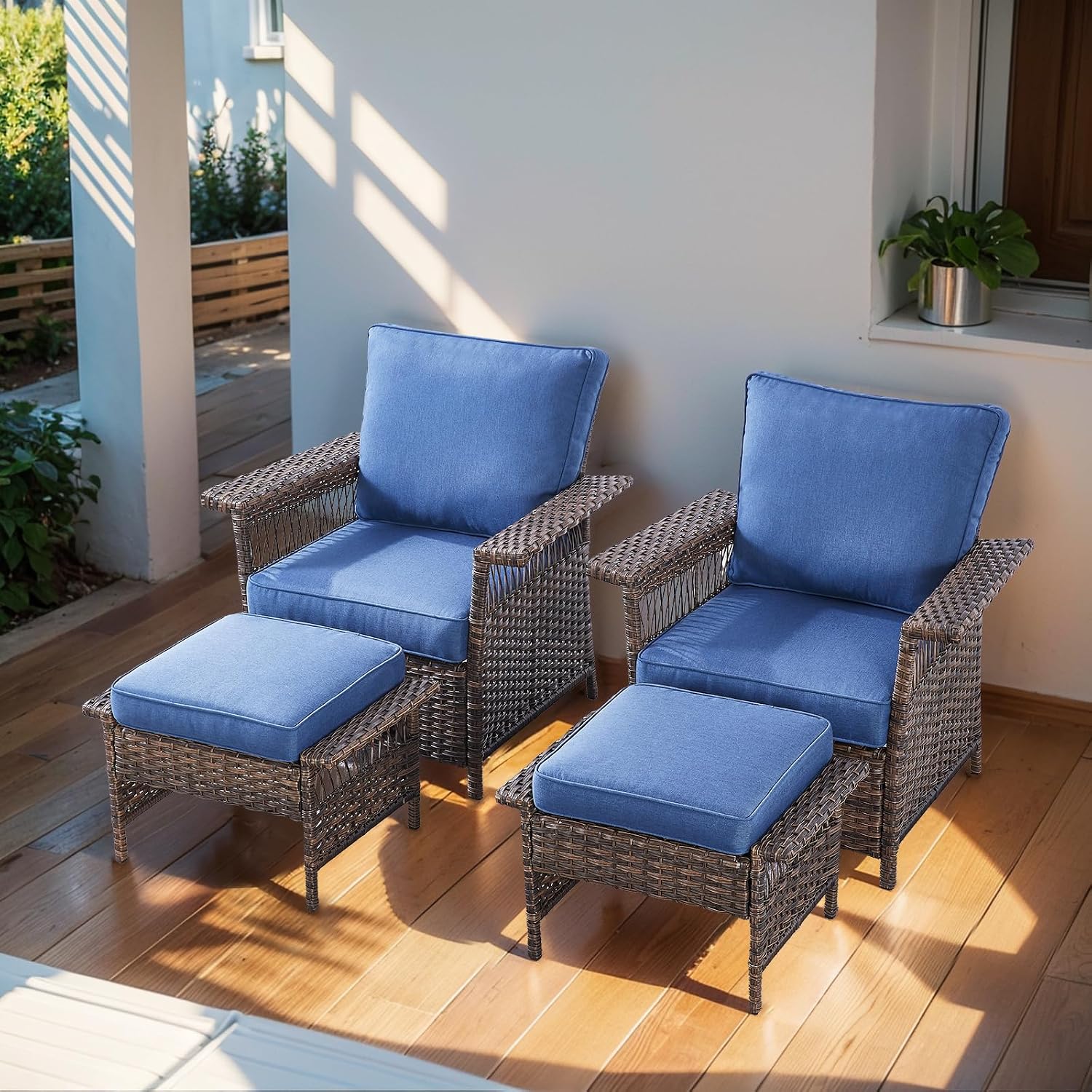 Patio Furniture Set 2 Wicker Patio Chairs with 2 PE Rattan Ottomans Brown Wicker Blue Cushions Patio Conversation Set 4pcs for Garden Balcony Sunroom Backyard Poolside