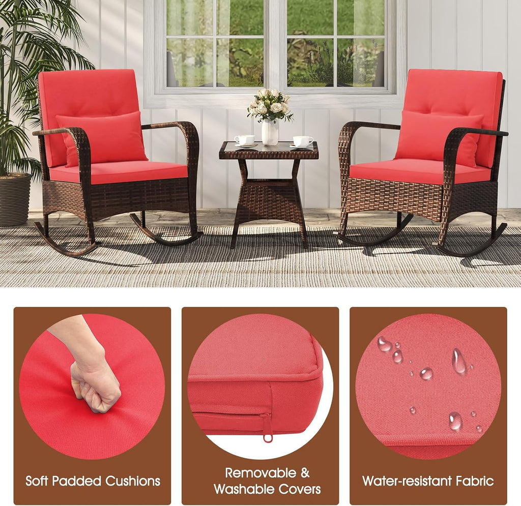 ORALNER 3 Pieces Patio Furniture Set, Outdoor Wicker Rocking Chairs with Cushions, Pillows, Glass Coffee Table, Rattan Bistro Rocker Set for Balcony Front Porch Poolside Garden Deck Yard (Red)