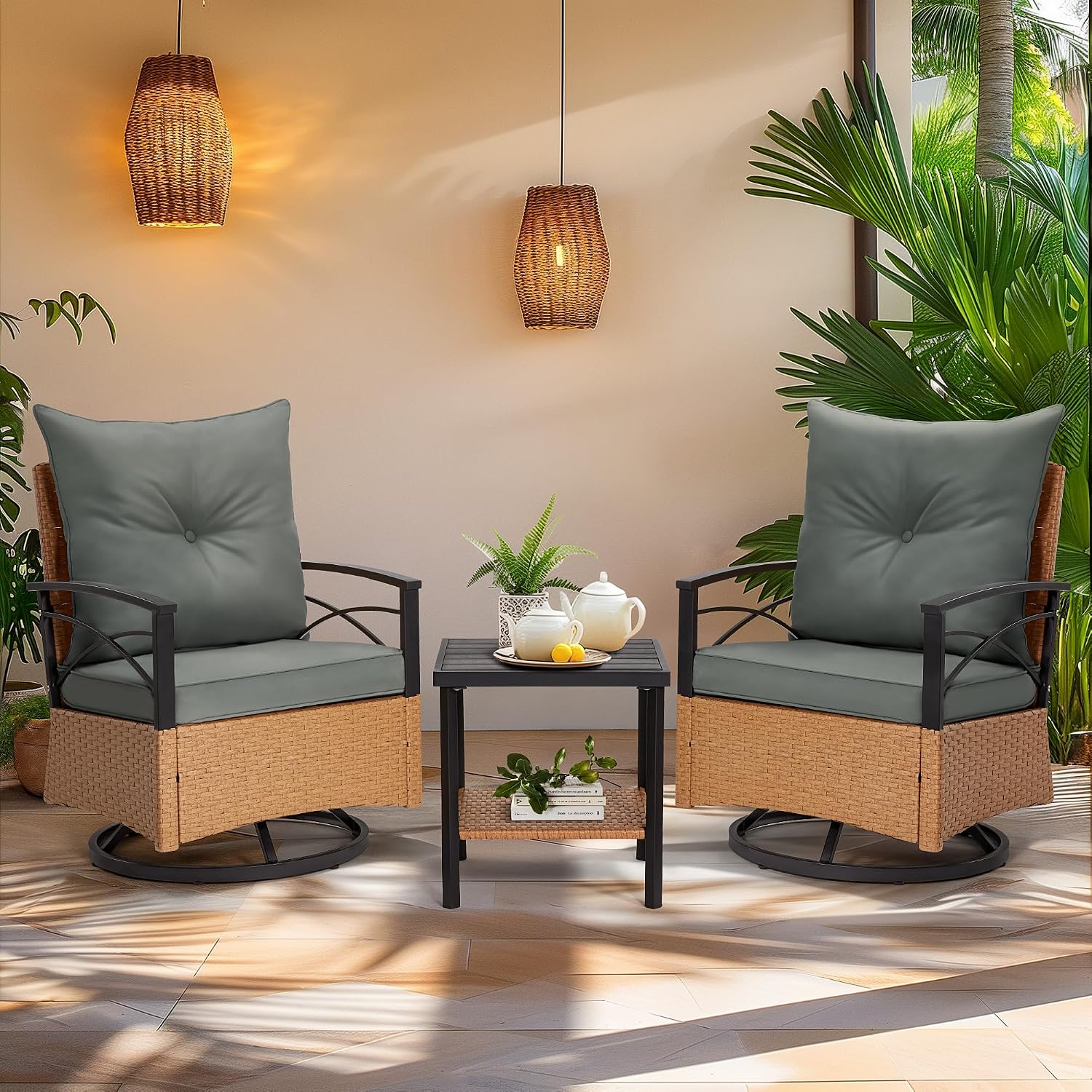MELLCOM 3 Pieces Patio Furniture Set, Outdoor Swivel Patio Rocker Chairs with Thick Cushions and 2-Tier Coffee Table, Oversize Wicker Bistro Conversation Sets for Garden, Balcony, Backyard, Grey