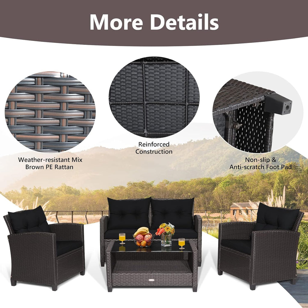 COSTWAY 4 Piece Patio Furniture Set, Outdoor Wicker Rattan Chairs and Loveseat with Cushions, Tempered Glass Coffee Table with Storage Shelf, Conversation Sofa Set for Poolside Backyard (Black)
