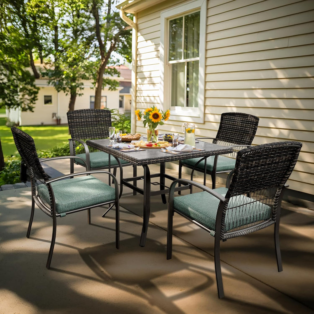 Pamapic 5 Piece Patio Dining Set, Green, Weather Resistant PE Rattan Table and Chairs, Comfortable Cushions, Easy Maintenance