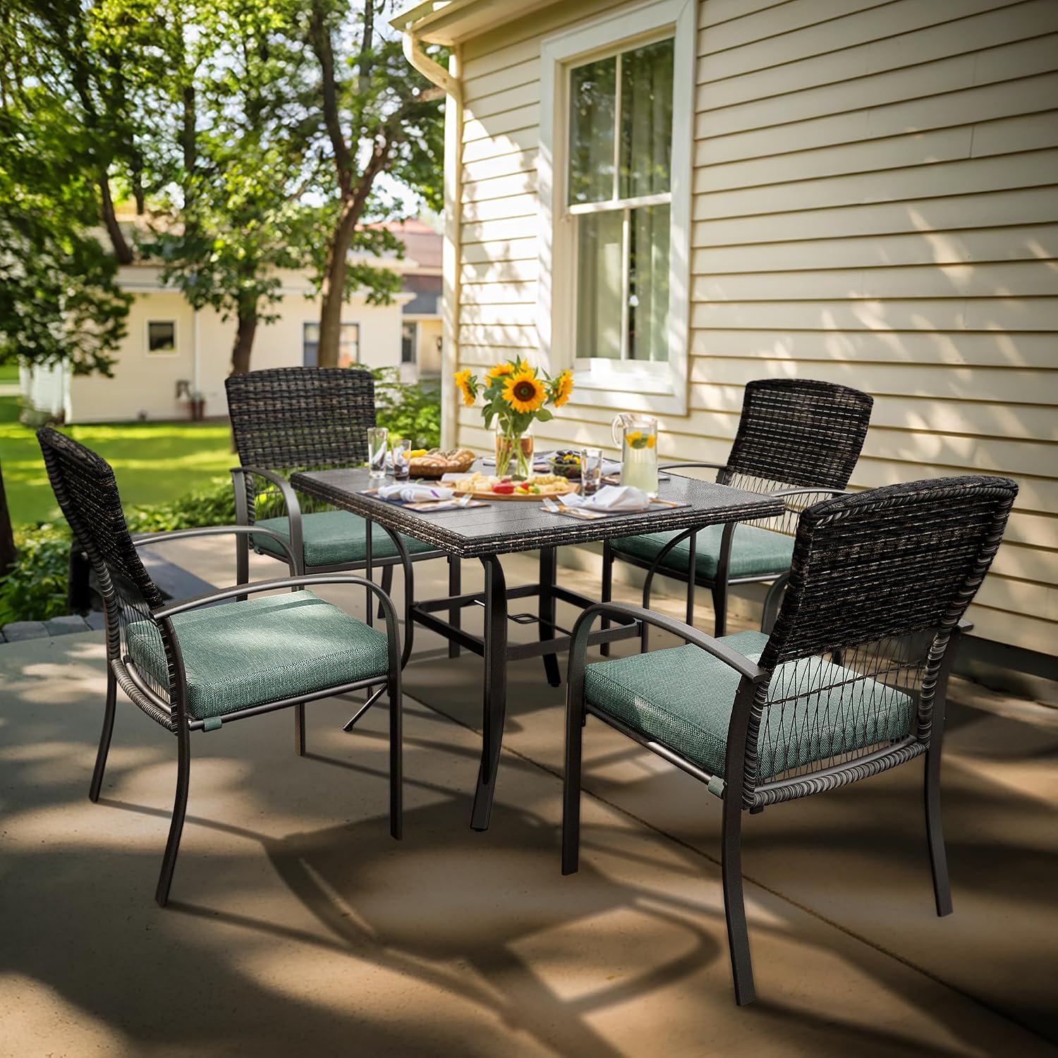Pamapic 5 Piece Patio Dining Set, Green, Weather Resistant PE Rattan Table and Chairs, Comfortable Cushions, Easy Maintenance
