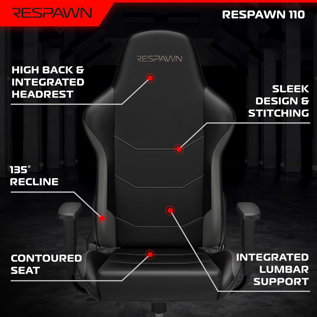Respawn 110 Ergonomic Gaming Chair - Reclining Office Video Game Swivel Chair with Lumbar Support, Headrest, Heavy Duty, High Back, Racing Style Gaming Recliner Seat for Computer Gamer - Gray