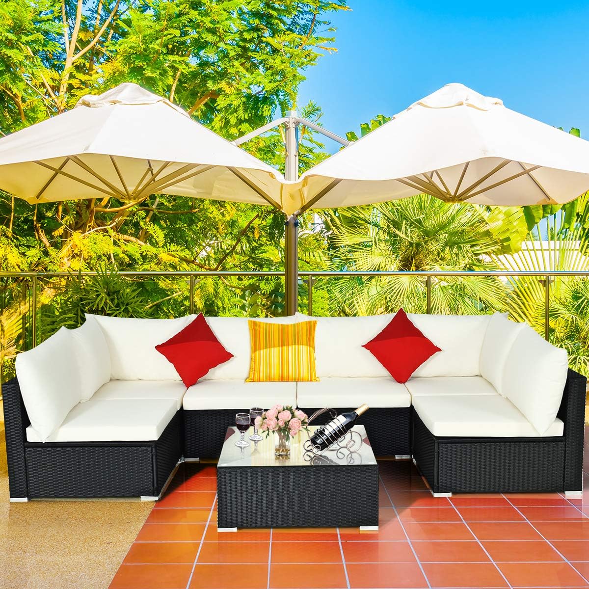 COSTWAY 7 Pieces Patio Furniture Set, Outdoor Rattan Conversation Set with 6 Seats, Coffee Tea Table, Soft Cushions, Wicker Patio Sectional Sofa for Garden Balcony Porch Poolside, Beige