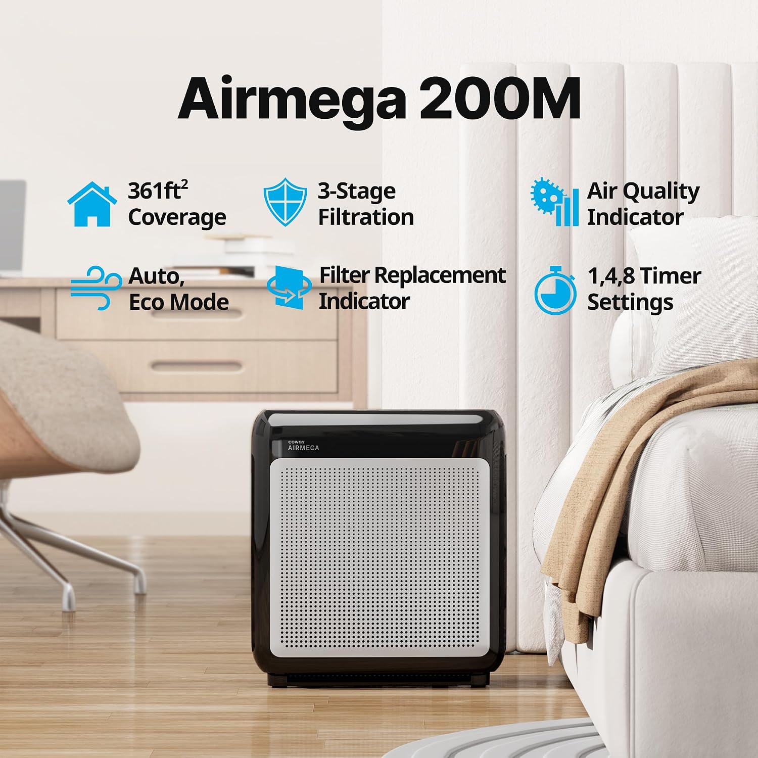 COWAY Air Purifiers for Home Up to 1,748 ft², HEPA Filter for Smoke, Allergies, Pet Dander, Odor, Air Quality Monitor, Auto & Eco Mode, Timer, Filter Indicator, 3yr Warranty, Airmega 200M Black