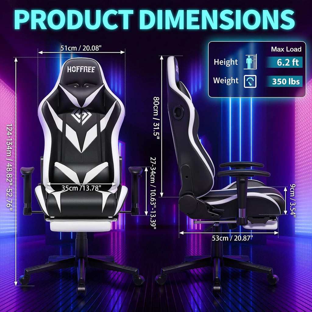 HOFFREE Gaming Chair with Bluetooth Speakers and Led Lights Massage Video Game Chair with Footrest Reclining High Back Computer Gamer Chair White and Black