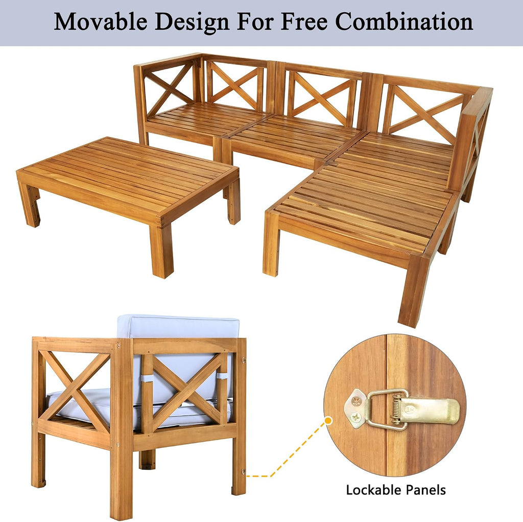 Upgrade Acacia Wood Outdoor Patio Sectional Sofa Set, 5-Piece All-Weather Conversation Sofa Set with Cushions and Side Coffee Table for Balcony Garden Backyard Poolside