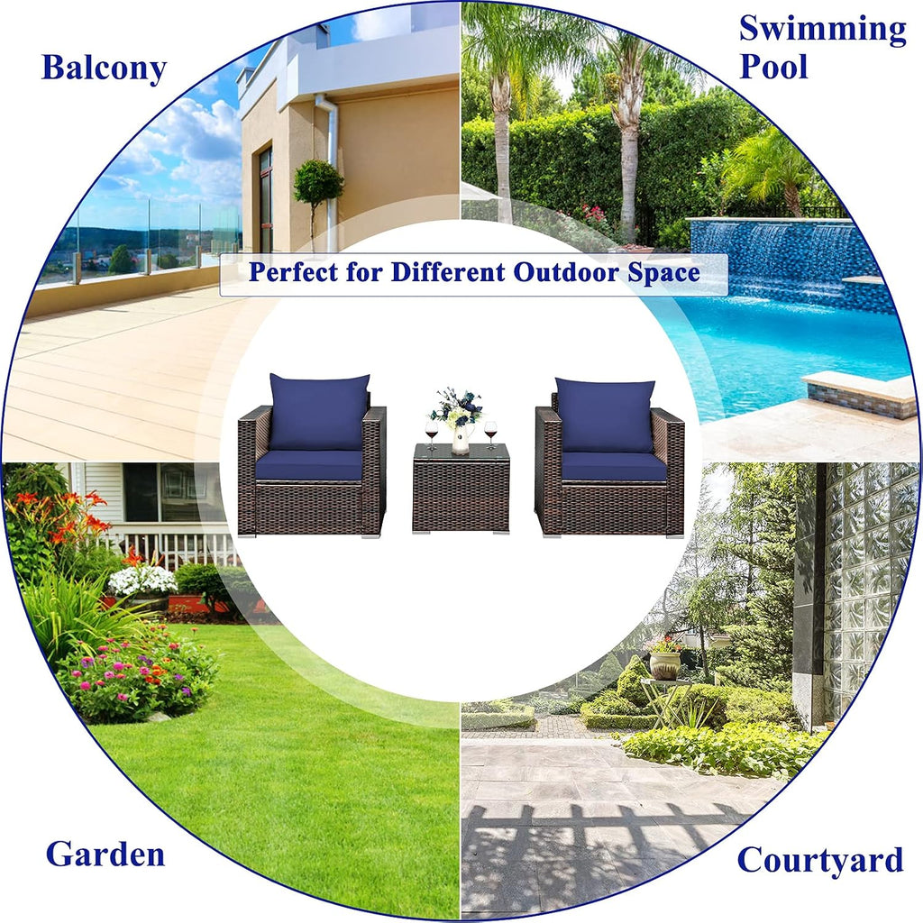 COSTWAY 3-Piece Patio Furniture Set, Outdoor Wicker Rattan Sofa with Cushions and Coffee Table with Tempered Glass, Modern Conversation Chair Set for Poolside Backyard Balcony Lawn (Navy)
