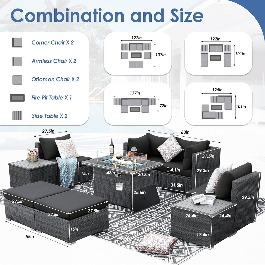 RADIATA 9 Piece Wicker Patio Furniture Set with Fire Pit, All-Weather Outdoor Sectional Couch High Back Large Size, Modular Backyard Seating Sofa Set with Propane/Natural Gas Firepit Table, Grey&Black