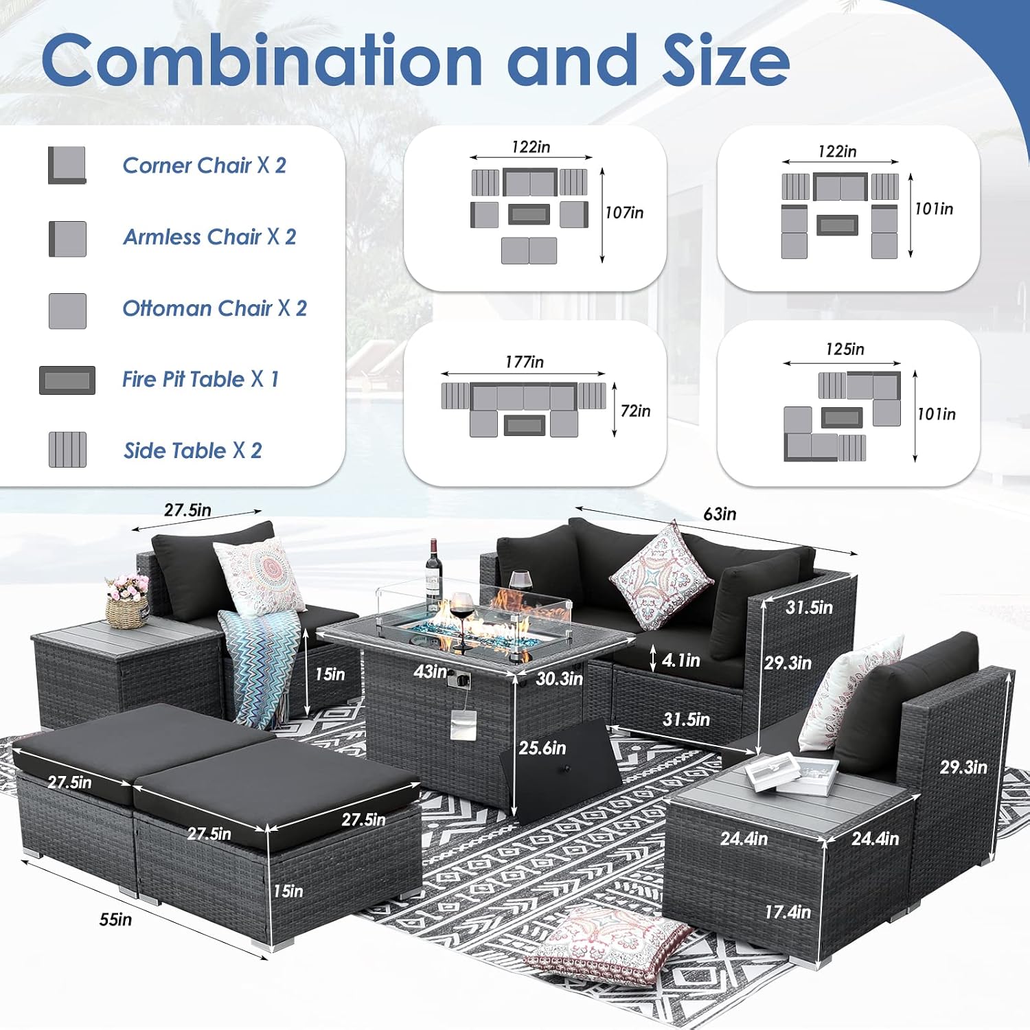 RADIATA 9 Piece Wicker Patio Furniture Set with Fire Pit, All-Weather Outdoor Sectional Couch High Back Large Size, Modular Backyard Seating Sofa Set with Propane/Natural Gas Firepit Table, Grey&Black