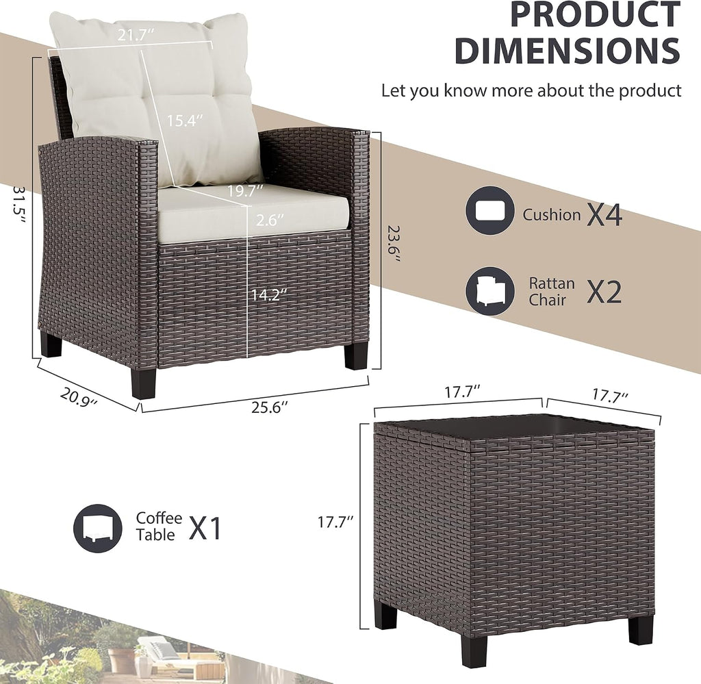 Vongrasig 3 Piece Patio Furniture Set Small Outdoor Wicker Rattan Front Porch Bistro Set Cushioned Patio Chairs Conversation Set with Glass Table for Lawn, Garden, Backyard, Balcony, Poolside (Beige)
