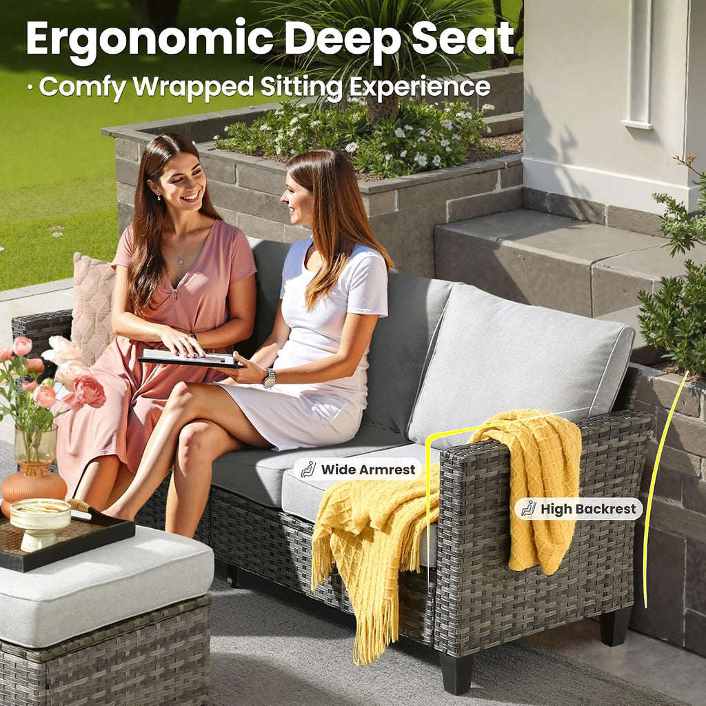 ovios 7-Pieces Patio Furniture Set, Outdoor Wicker Sofa Couch with Swivel Glider Chairs Loveseat Comfy Cushions Modern Conversation Set for Backyard Porch, Grey