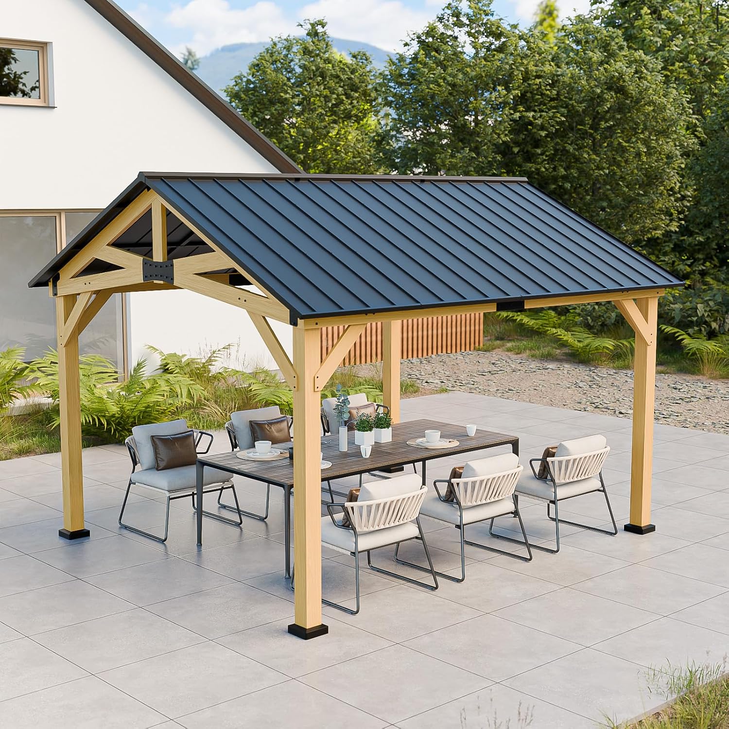 COOS BAY 11x13 Hardtop Gazebo with Cedar Wood Frame, Post-and-Beam Gazebo Shelter, Galvanized Steel Gable Roof with UV Protection for Garden, Patio, Poolside, Backyard, Natural Wood/Black