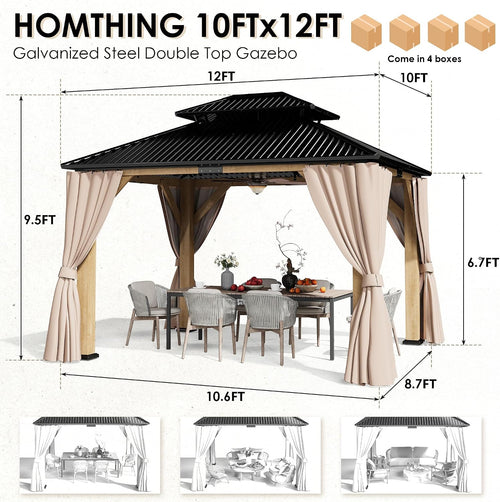 10'x12' Outdoor Wood Gazebo, Wooden Pavilion with Double Galvanized Steel Roof, Hardtop Gazebo with Natural Wood Frame, Curtains & Netting for Patio, Garden, Lawn, Deck, Backyard
