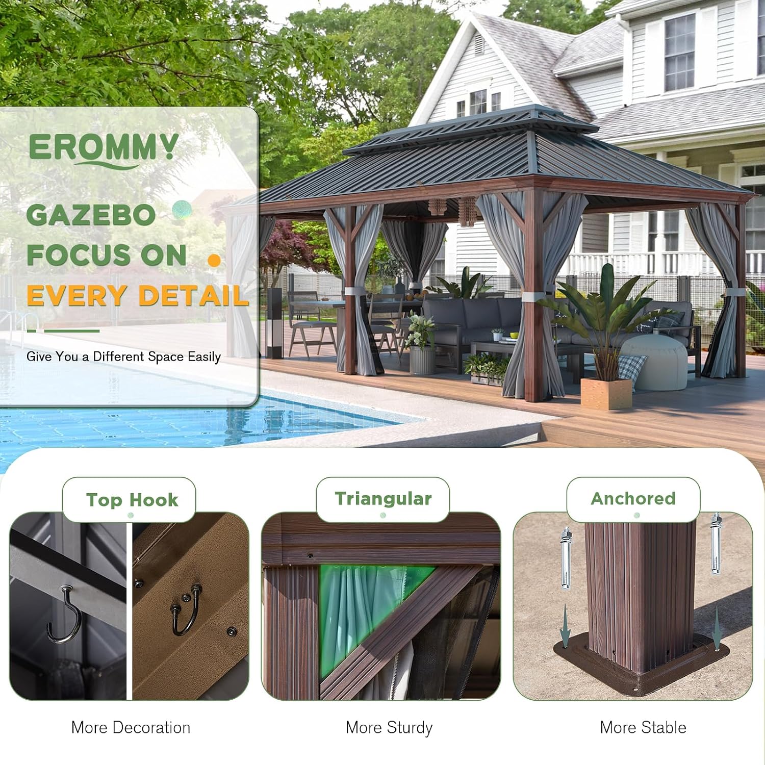 EROMMY 12'x20' Hardtop Gazebo, Galvanized Steel Double Roof with Wood Grain Aluminum Frame, Outdoor Permanent Metal Pavilion with Curtains and Nettings for Patio, Garden and Backyard