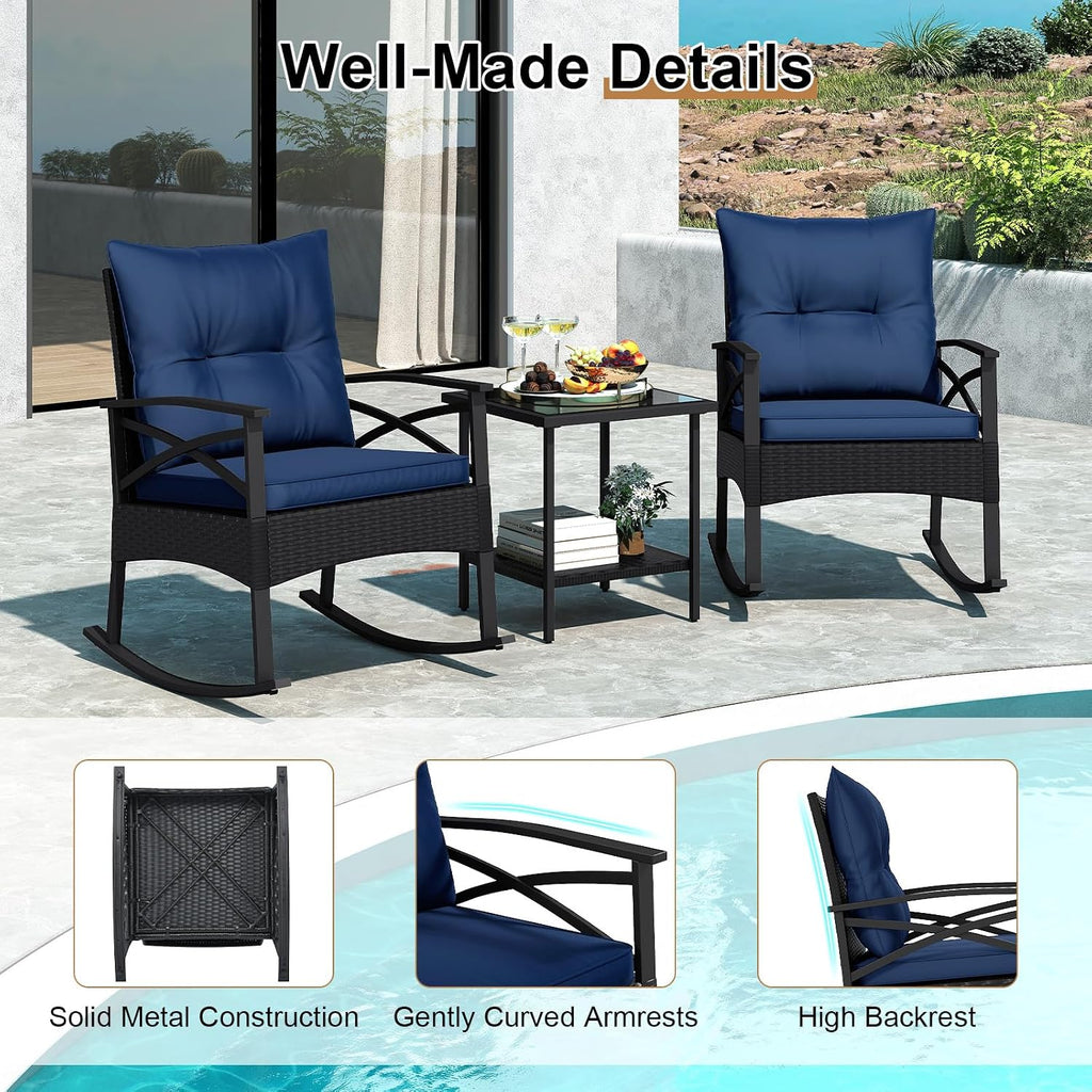 Tangkula 3 Pieces Outdoor Rocking Chairs Set, Rattan Heavy Duty Cushioned Rocker Chairs with 2-Tier Tempered Glass Coffee Table, for Garden, Balcony, Backyard (Black+Navy)