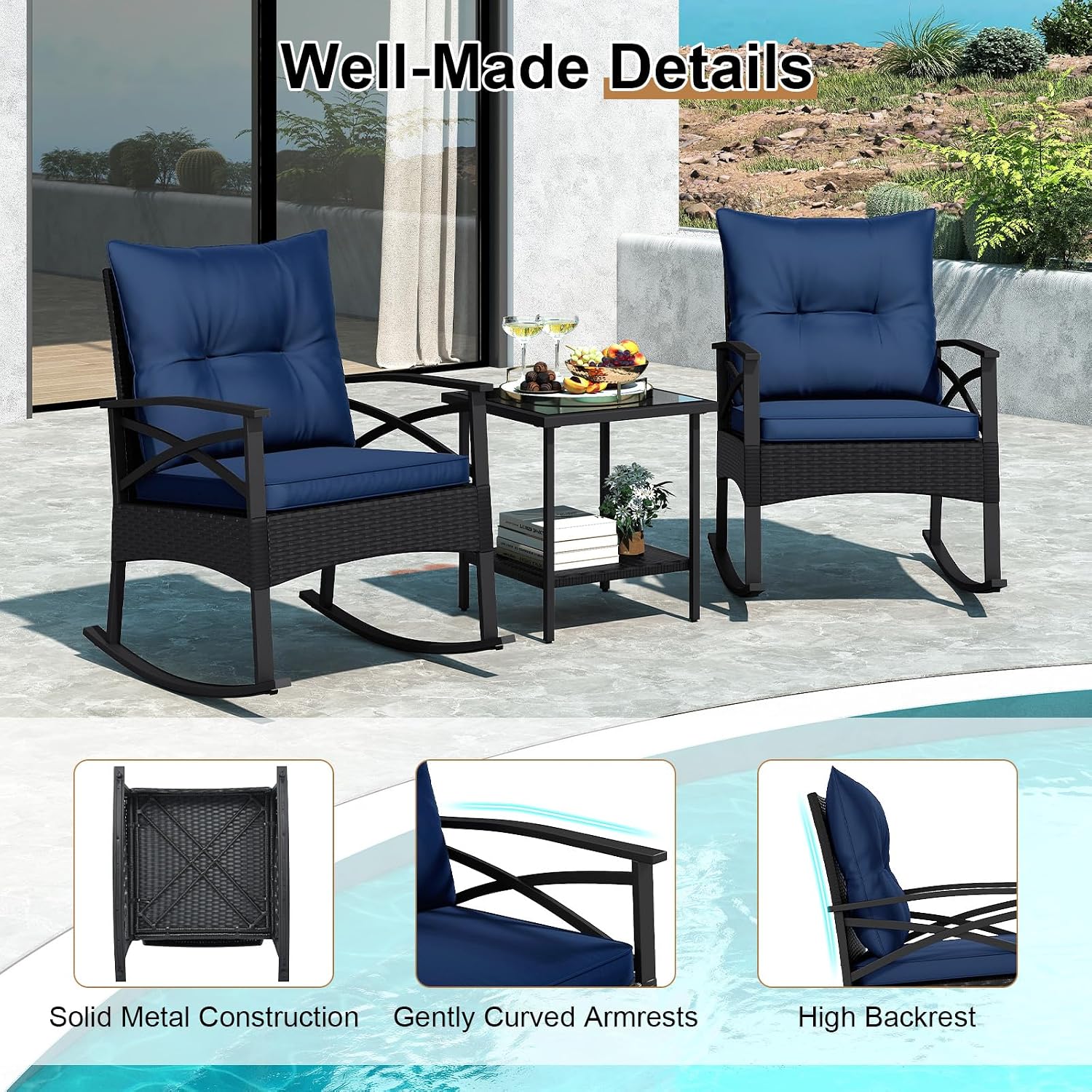 Tangkula 3 Pieces Outdoor Rocking Chairs Set, Rattan Heavy Duty Cushioned Rocker Chairs with 2-Tier Tempered Glass Coffee Table, for Garden, Balcony, Backyard (Black+Navy)