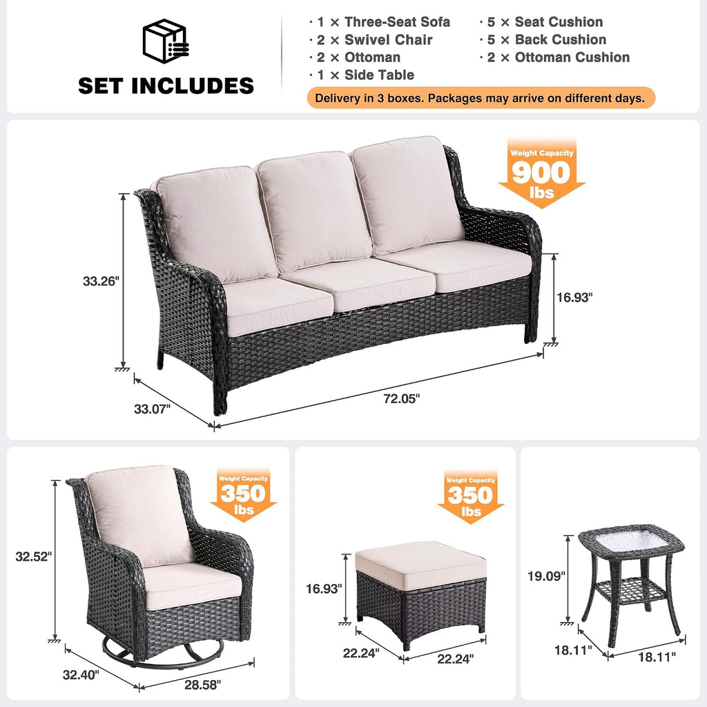 ovios 6-Pieces Patio Furniture Set, Outdoor Wicker Sofa Couch with Swivel Glider Chairs Comfy Cushions, High Back Modern Conversation Set, Brown Rattan, Beige