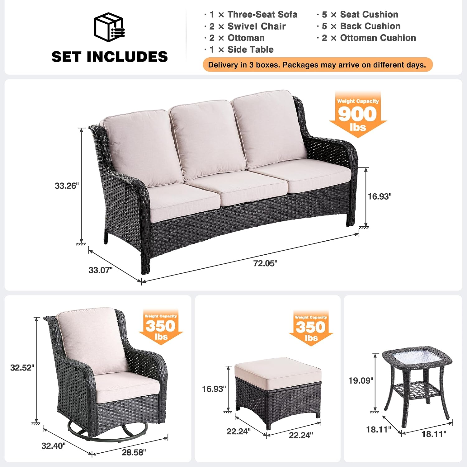 ovios 6-Pieces Patio Furniture Set, Outdoor Wicker Sofa Couch with Swivel Glider Chairs Comfy Cushions, High Back Modern Conversation Set, Brown Rattan, Beige