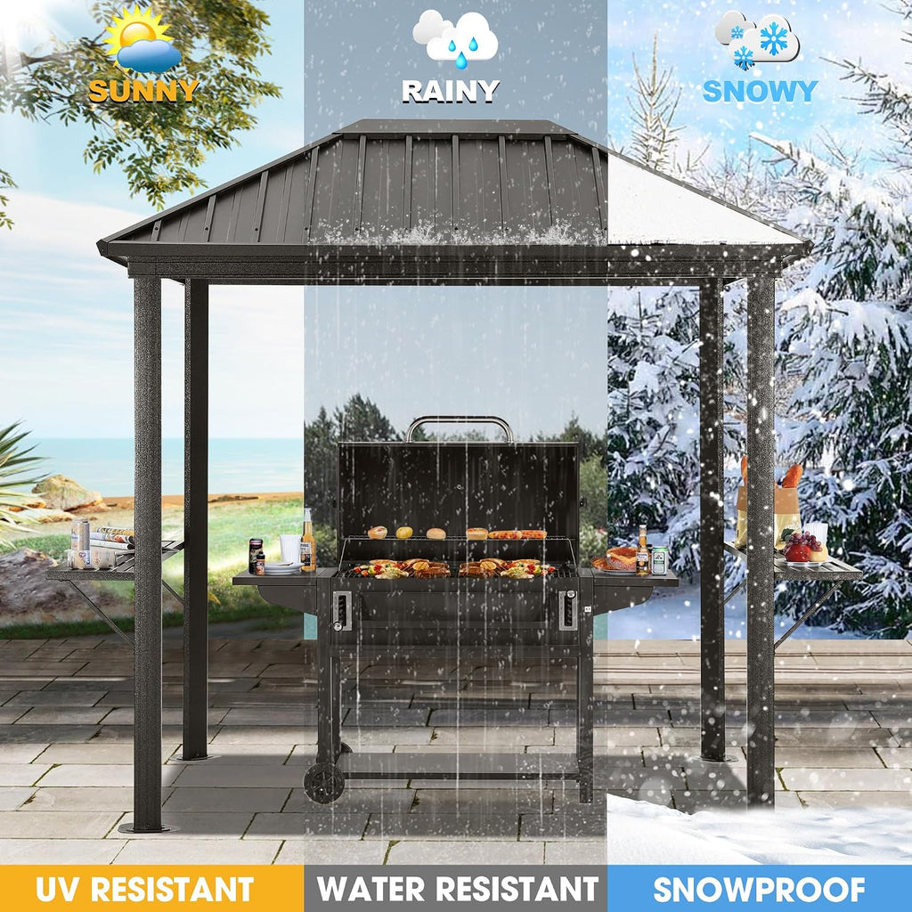 ABCCANOPY 6x8 Grill Hardtop Gazebo - Outdoor Permanent Barbecue Gazebo with Galvanized Steel Roof, Aluminum BBQ Canopy with Shelves for Patio, Lawn, Garden (Single Roof, Gray)