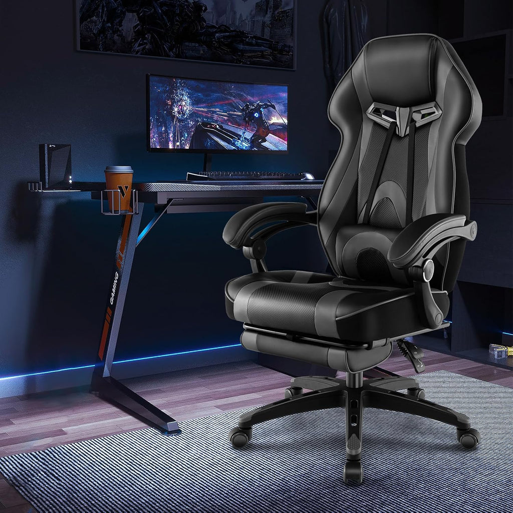 COSTWAY Gaming Chair, Ergonomic Adjustable Racing Video Game Chair w/Retractable Footrest, Padded Headrest & Lumbar Support, High Back Reclining Home Office Computer Gamer Chair for Adults (Grey)