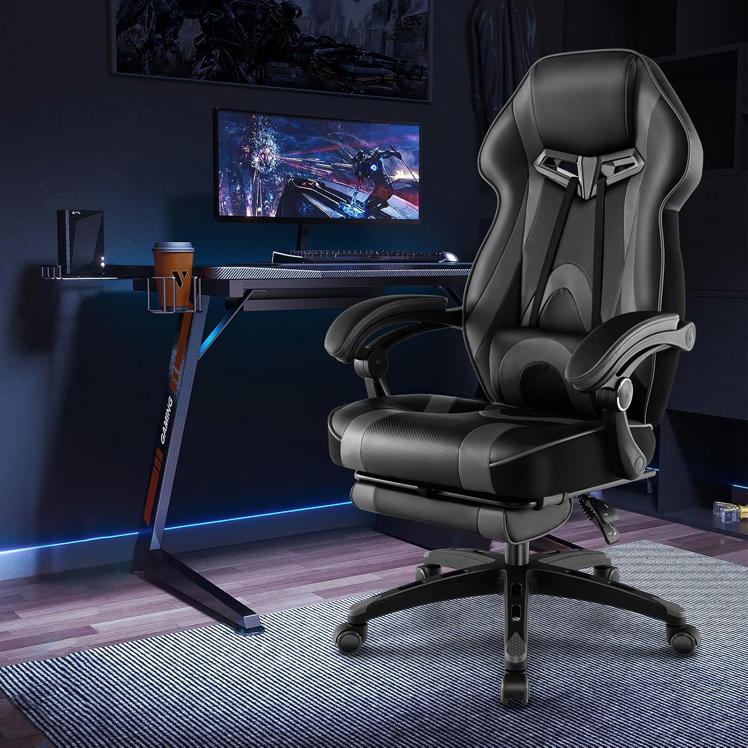 COSTWAY Gaming Chair, Ergonomic Adjustable Racing Video Game Chair w/Retractable Footrest, Padded Headrest & Lumbar Support, High Back Reclining Home Office Computer Gamer Chair for Adults (Grey)