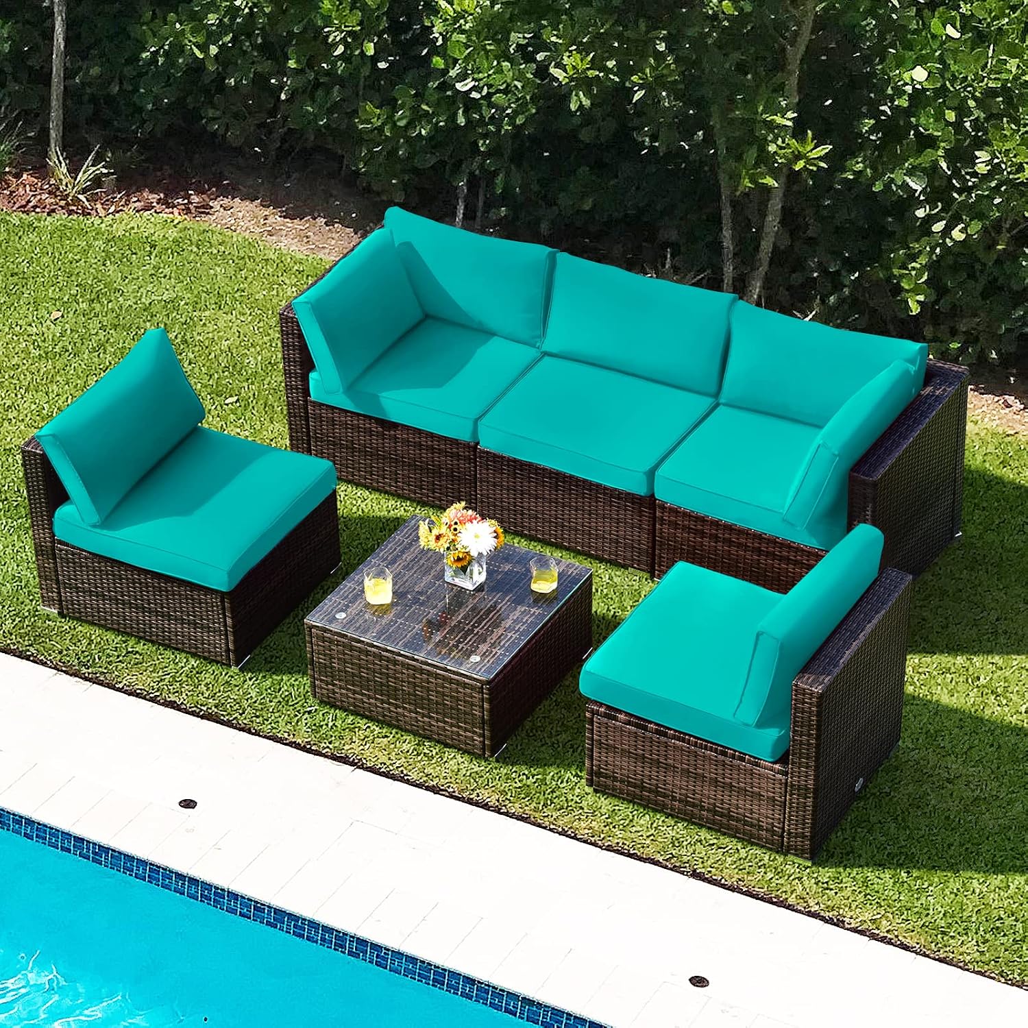 COSTWAY 6-Piece Outdoor Patio Furniture Set, Rattan Sectional Sofa Set with Tempered Glass Coffee Table and Cushions for Garden, Deck, Backyard (Turquoise)