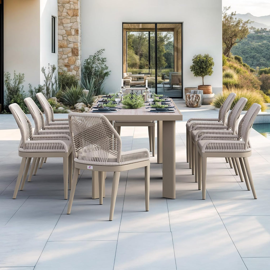 PURPLE LEAF 9 Pieces Patio Dining Set Aluminum Modern Rectangular Table and Wicker Chairs with Cushions for Kitchen Porch Garden Outdoor Furniture Sets, Champagne