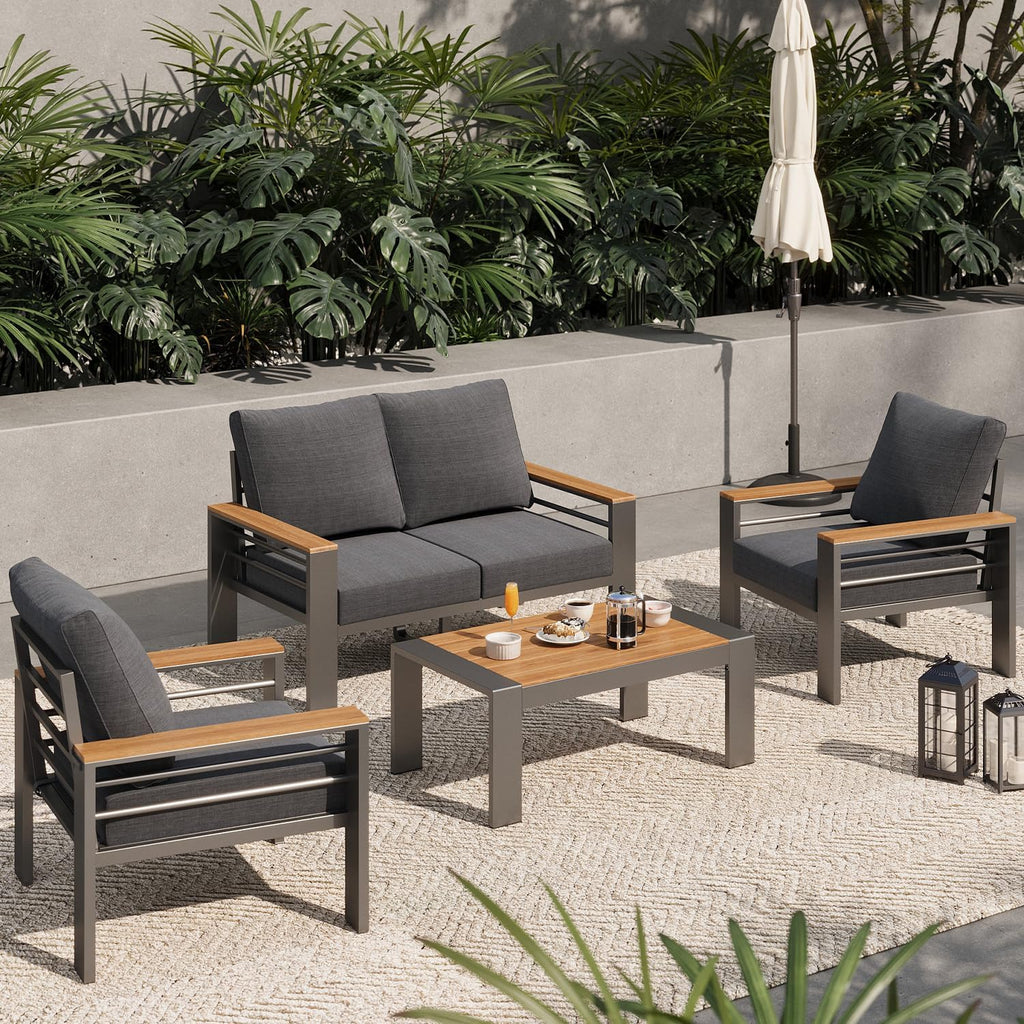 Aoxun Patio Furniture Set, 4 Piece Aluminum Patio Sets with 5' Thicken & Washable Cushion, Waterproof Outdoor Furniture with Coffee Table, Outdoor Couch Sectional for Backyard, Porch and Garden