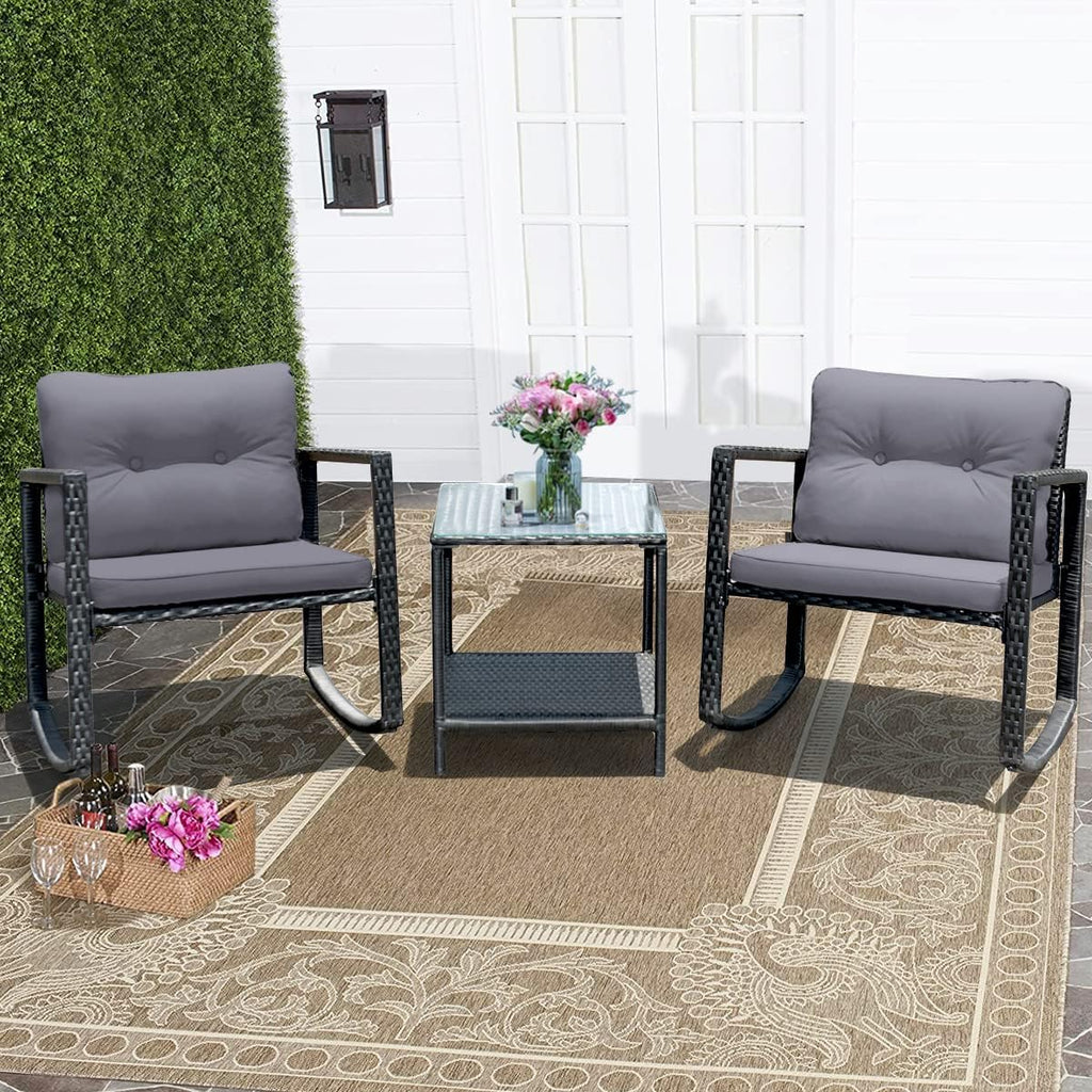 COSTWAY 3 Pieces Patio Rattan Rocking Chair Set, Outdoor Conversation Furniture Sets with Coffee Table, Storage Shelf and Cushions, Modern Bistro Set for Porch, Backyard, Garden, Gray
