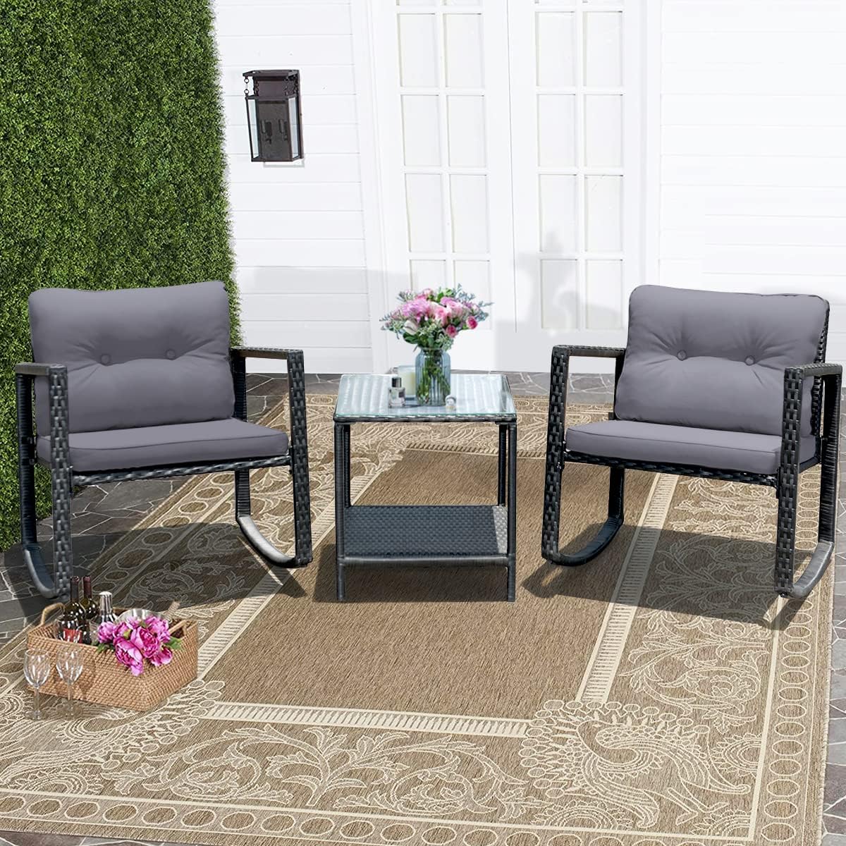 COSTWAY 3 Pieces Patio Rattan Rocking Chair Set, Outdoor Conversation Furniture Sets with Coffee Table, Storage Shelf and Cushions, Modern Bistro Set for Porch, Backyard, Garden, Gray