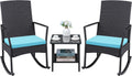 Greesum 3 Pieces Patio Furniture Set Outdoor Wicker Rocking Chairs with Glass Coffee Table for Garden Backyard Porch Poolside, Blue