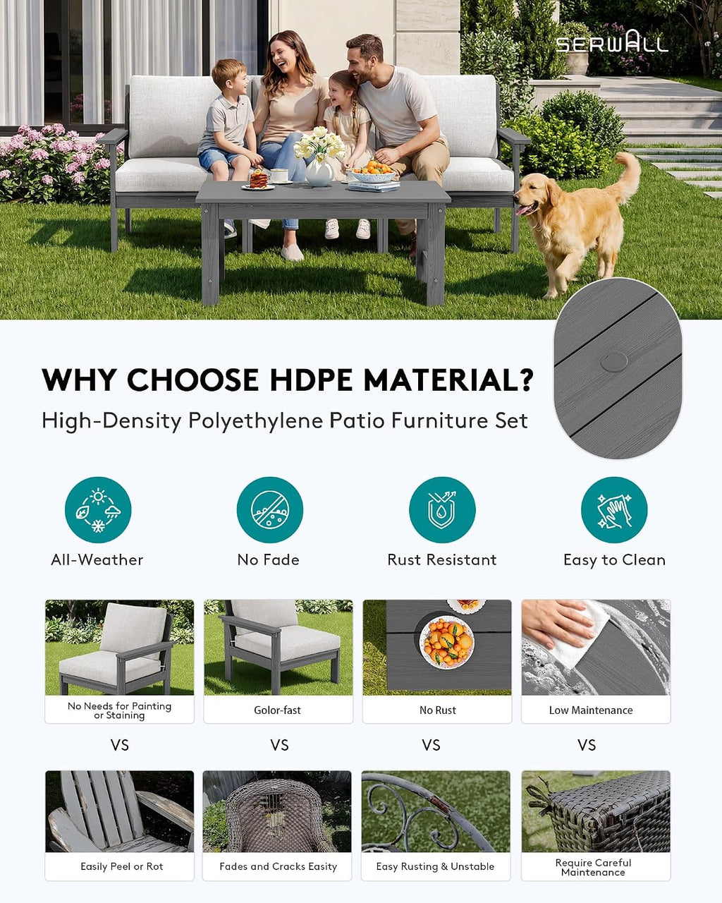 SERWALL HDPE Patio Sofa Set, 4-piece Sectional Outdoor Furniture Set, All Weather Outdoor Couch Set Patio Furniture Set for Deck, Lawn, Grey Frame with Khaki Cushion