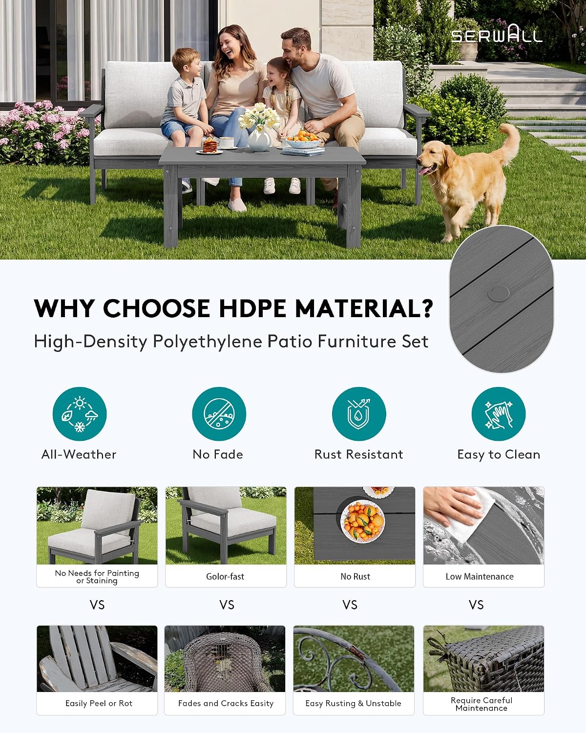 SERWALL HDPE Patio Sofa Set, 4-piece Sectional Outdoor Furniture Set, All Weather Outdoor Couch Set Patio Furniture Set for Deck, Lawn, Grey Frame with Khaki Cushion
