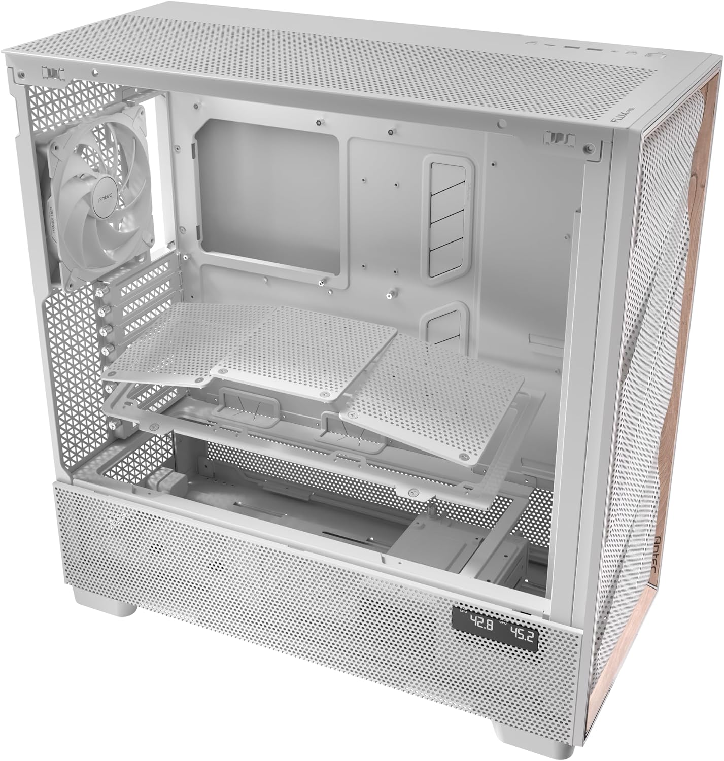 Antec Flux Pro White, 6 x PWM Fans Included, High-Airflow Front Panel with Birch Wood, iShift PSU 90° Mount, USB3.0 x 2, Type-C, 420mm Radiator Support, Temp. Display, Full-Tower E-ATX PC Case