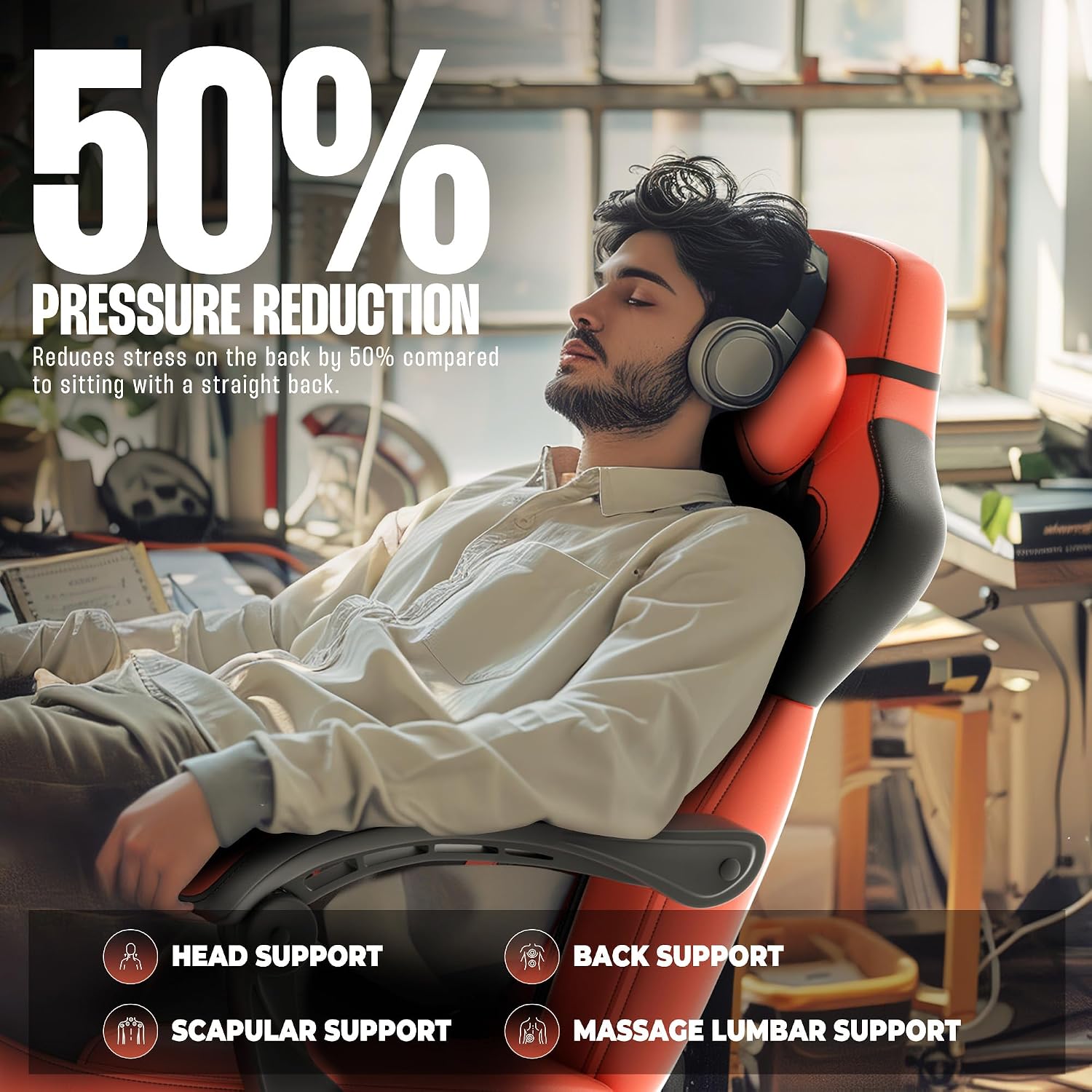 Dowinx Gaming Chair with Footrest, Gaming Chair for Heavy People, Gamer Chair for Adult with Massage, Computer Game Chair with PU, PC Game Chair (Red)