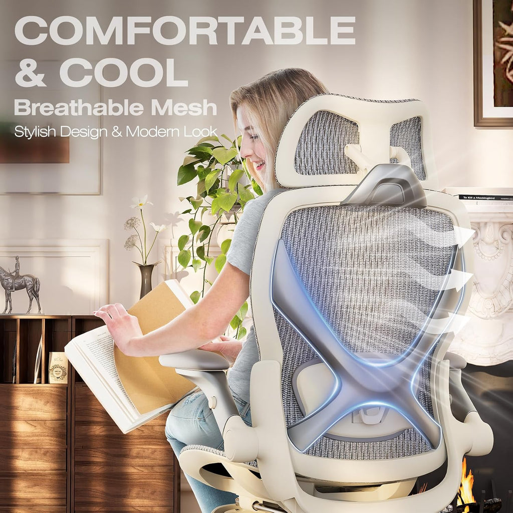 ELABEST X100 Ergonomic Mesh Office Chair with Footrest, Big and Tall Hone Desk Chair with 5D Flip-Up Arms, Adjustable 3D Lumbar Support,Gaming & Executive Computer Chairs (First Light)