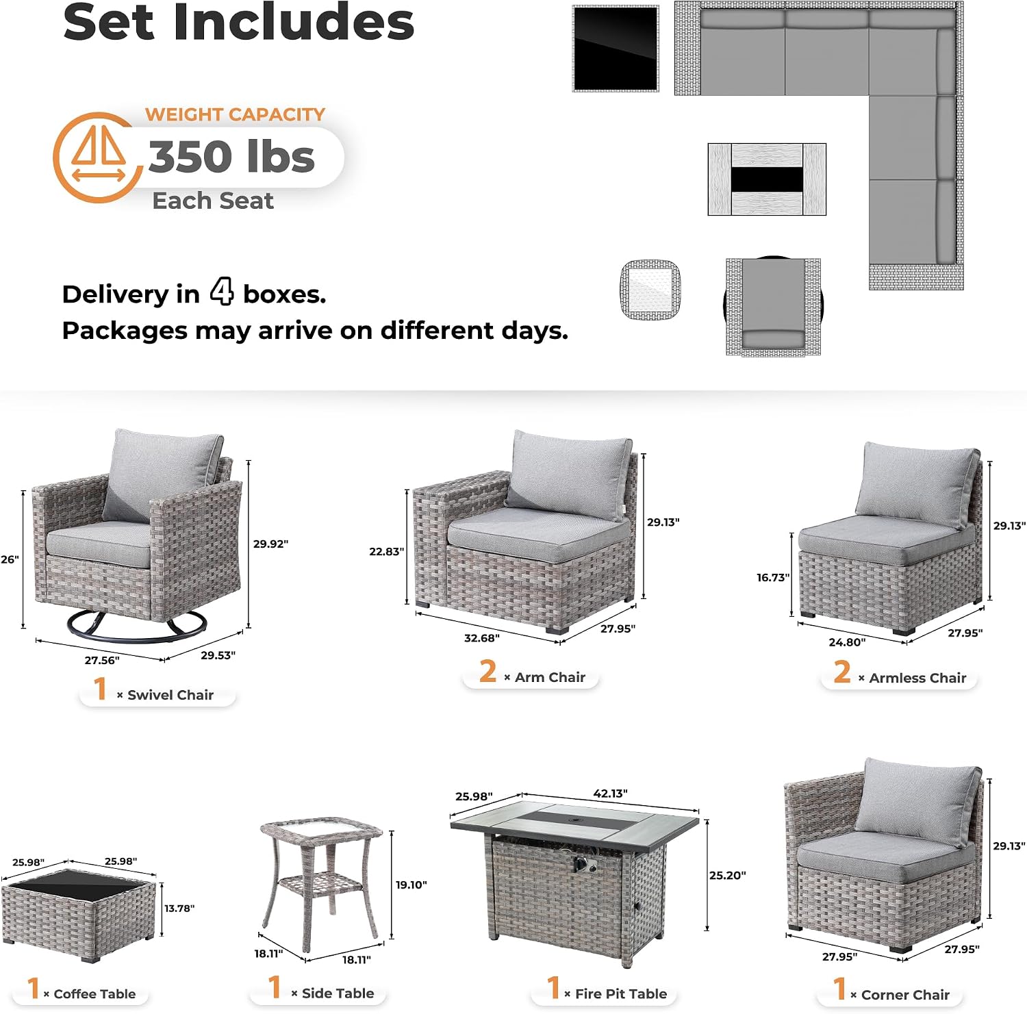 ovios 9 Pieces Patio Furniture Set, Outdoor Wicker Sectional Sofa with 42' Fire Pit Table Swivel Chair, Modern Modular Deep Seat Rattan Couch Conversation Sets, Dark Grey