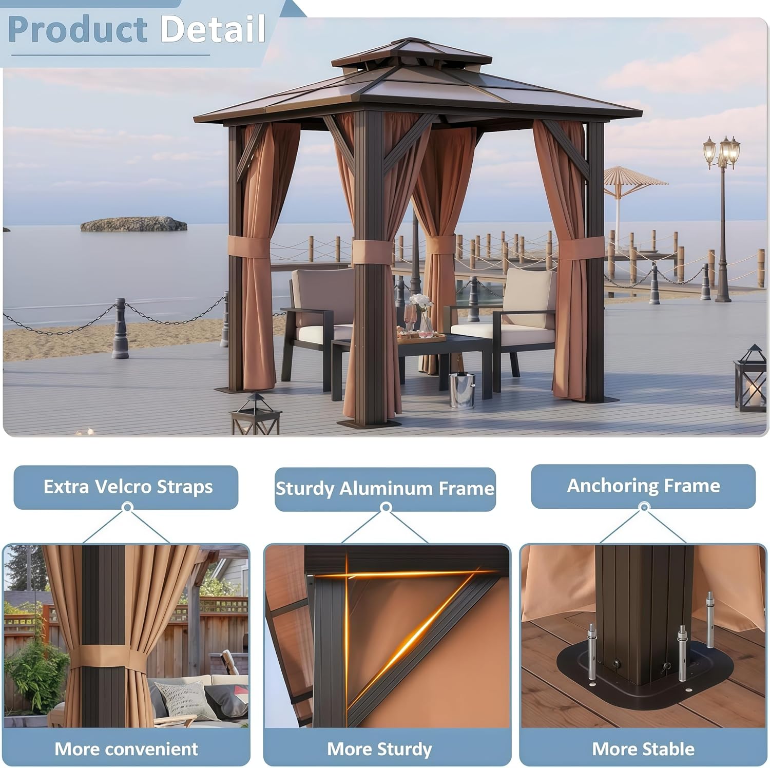 Aoxun 8'x 8' Hardtop Gazebo, Outdoor Polycarbonate Double Top Canopy, Aluminum Frame Gazebo with Netting and Curtains, Sunshade for Gardens, Patios, Lawns, Brown
