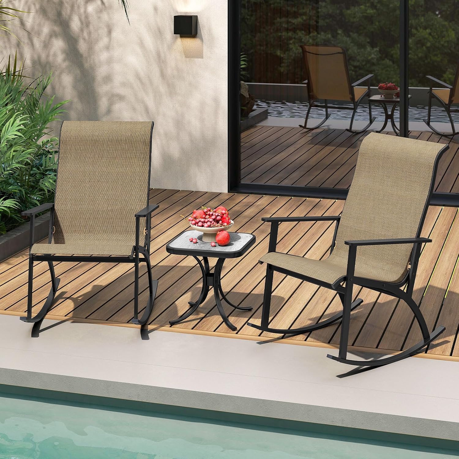 Giantex 3 Piece Rocking Bistro Set, Outdoor Patio Furniture Set with 2 Rocking Chairs & Coffee Table, Cozy Armrests, Heavy-Duty Metal Frame, for Balcony, Porch, Yard, Poolside (Brown)