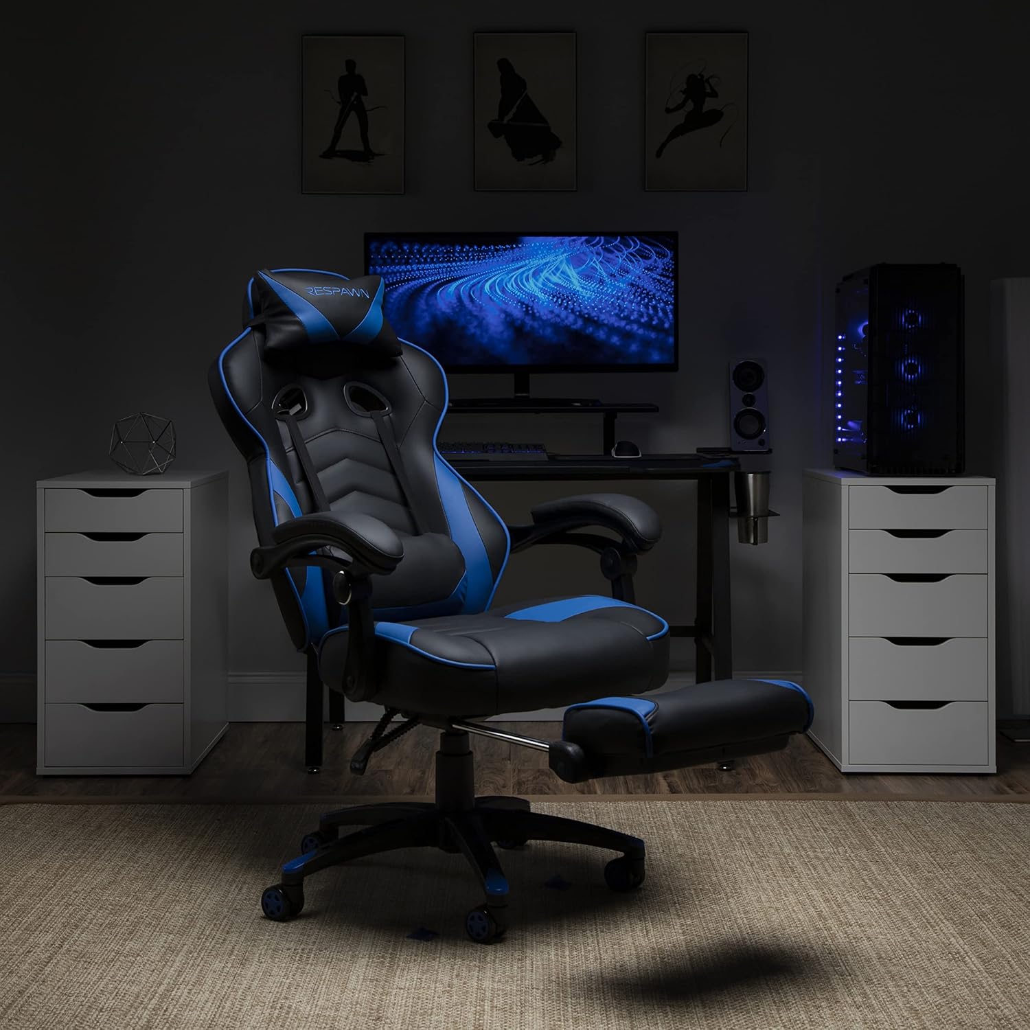 RESPAWN 110 Ergonomic Gaming Chair with Footrest Recliner - Racing Style High Back PC Computer Desk Office Chair - 360 Swivel, Adjustable Lumbar Support, Headrest Pillow, Padded Armrests - 2019 Blue