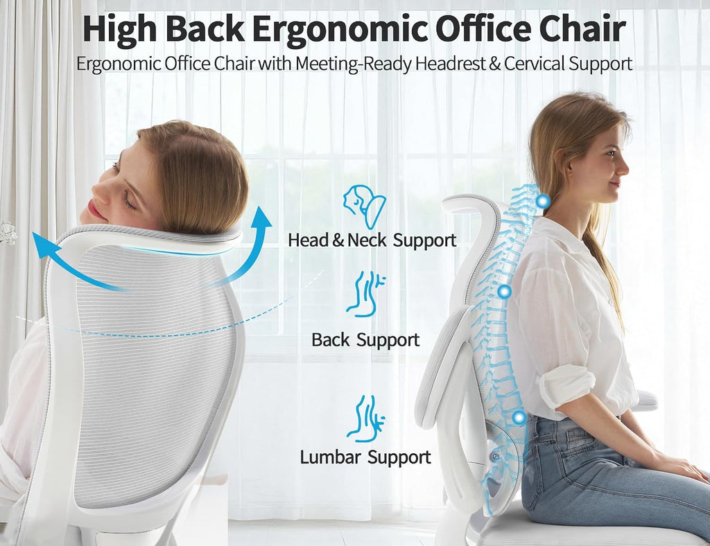 TRALT Ergonomic Office Chair - Desk Chair with Wave High Back Adjustable Lumbar Support Computer Chair - Gaming Chairs Mesh Backrest and PU Leather Seat for Home Reading Chairs to Adults(White)
