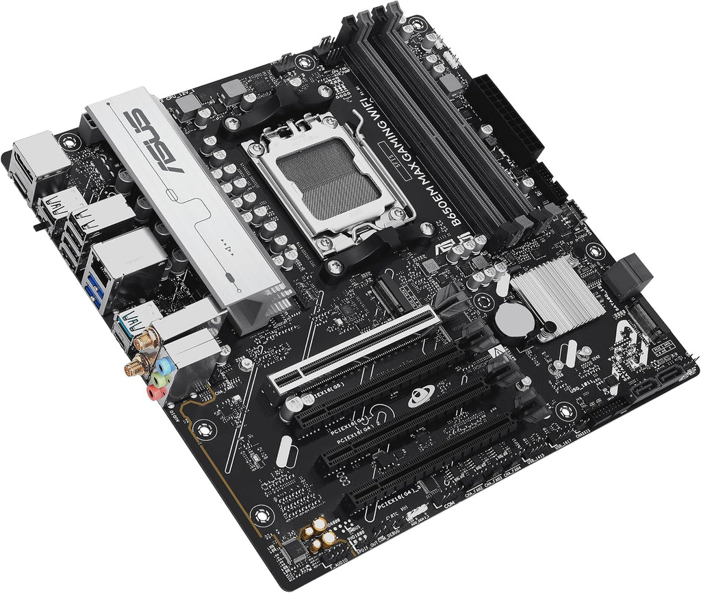 ASUS B650EM MAX Gaming WiFi AMD B650 mATX Motherboard, DDR5, PCIe 5.0 Ready, 3X M.2 Slots, WiFi6, 1Gb Ethernet, DisplayPort, HDMI, Rear USB 10Gbps Type-A & Type-C Ports, BIOS Flashback, Aura Sync