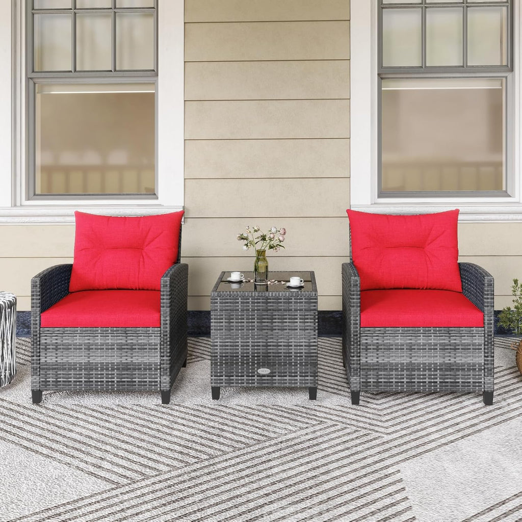 KOTEK 3 Piece Patio Furniture Set, Outdoor PE Rattan Conversation Set with Washable Cushions & Tempered Glass Tabletop, Wicker Chairs and Table Set for Porch, Garden, Balcony (Red)